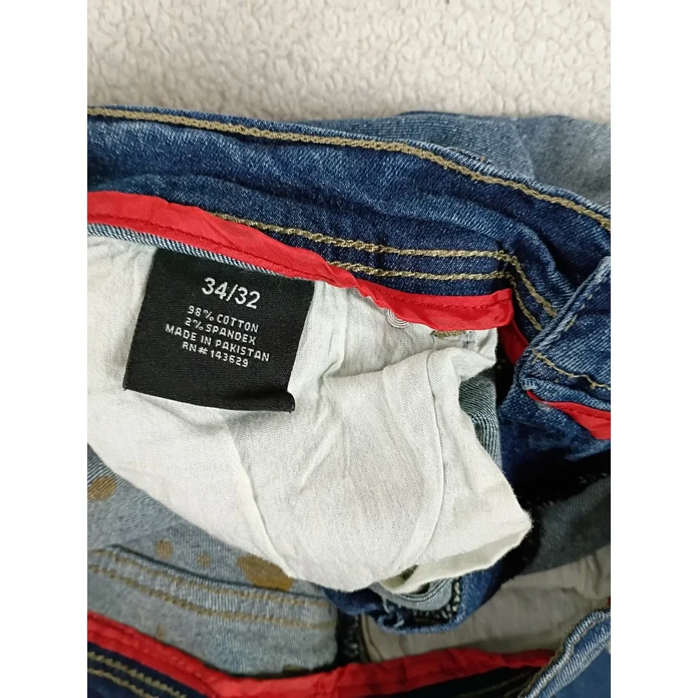 Encrypted Distressed Paint Splatter Jeans Mens 33X32 Blue Plaid Patch Streetwear